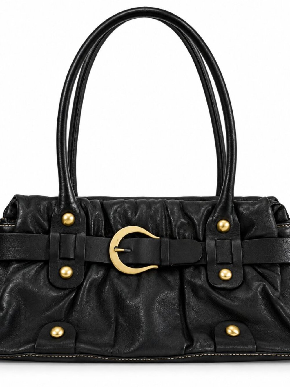 Michael Rome Designs Black Genuine Leather Shoulder Bag Buckle Ruched Satchel